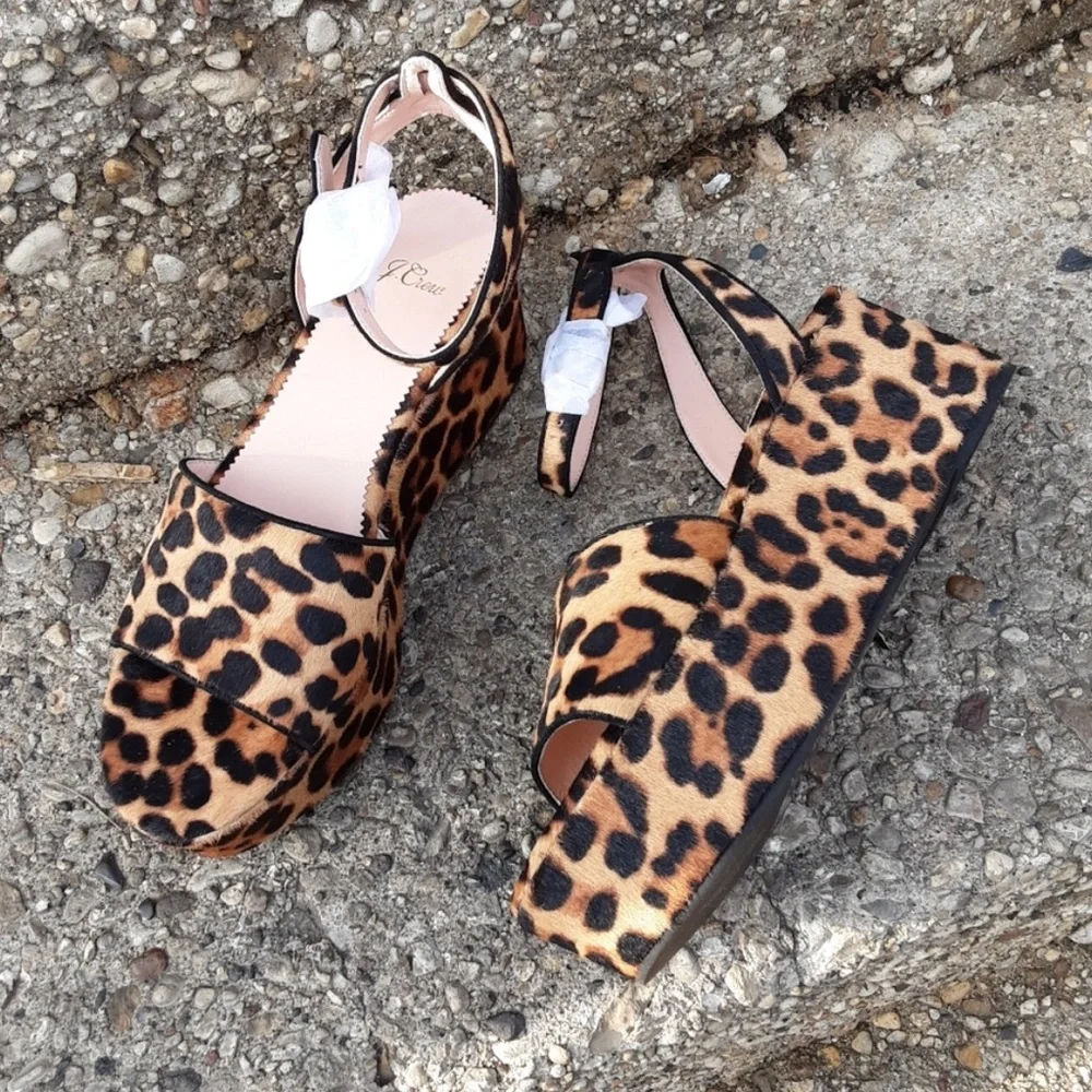 J.‎ Crew NWT Calf Hair Leopard Print Platform Flatform Sandals